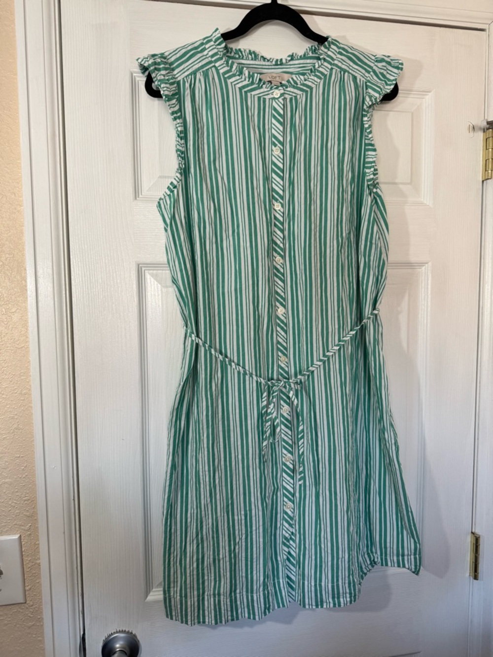 LOFT Green and White Striped Ruffle-Shoulder Shirt Dress